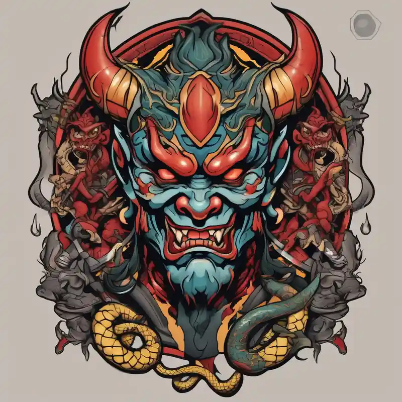 Back Tattoo with An Oni With a broken mask and a Sword, Dragons & snakes glitter tattoo